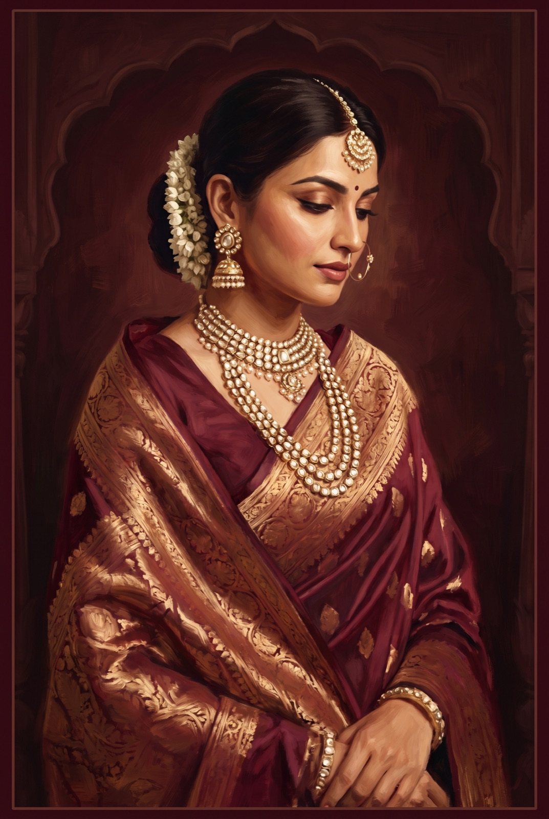 Painted portrait of a woman in a maroon silk saree wearing polki jewellery