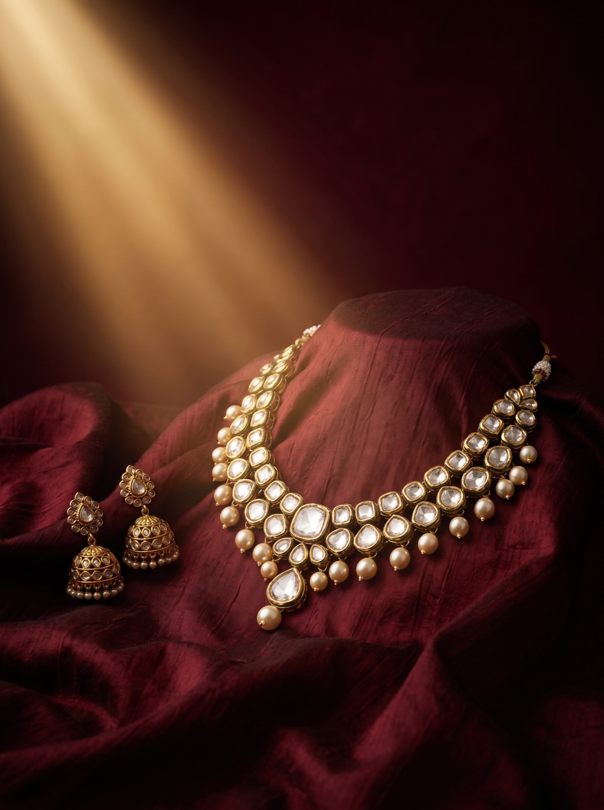 Polki necklace and jhumkas laid on maroon silk under a shaft of golden light